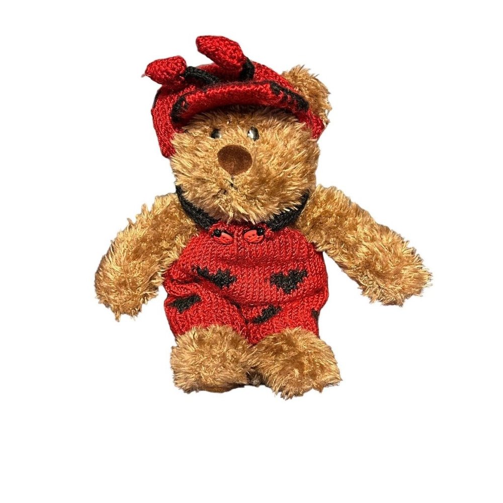 Flowers Inc. Brown Ladybug Teddy Bear in Knit Red and Black Overalls Plushie Toy